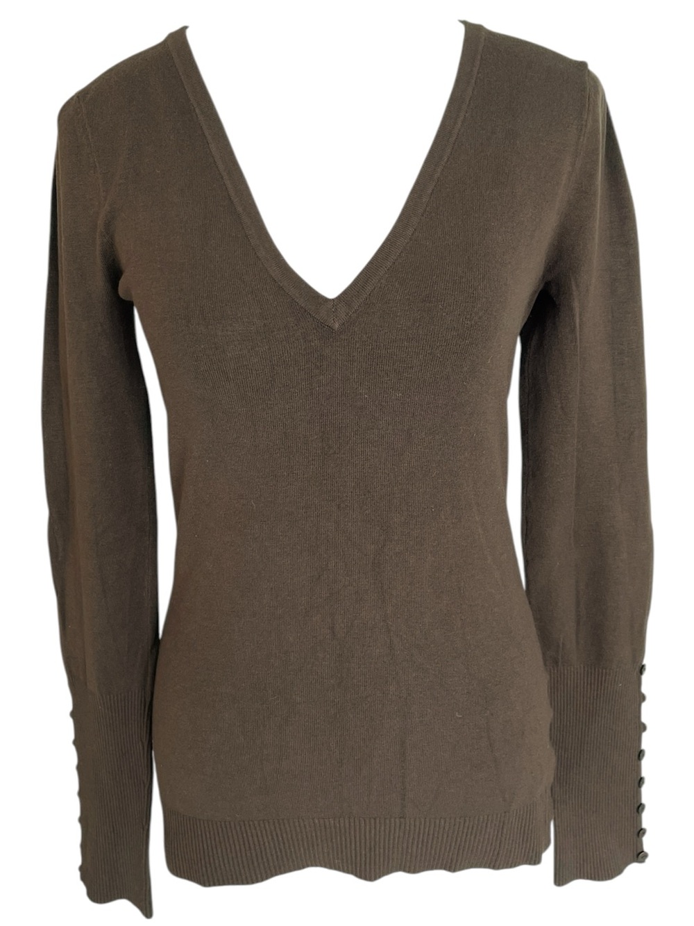 Women’s V-Neck Brown Stretch Sweater Size Small With Button Details